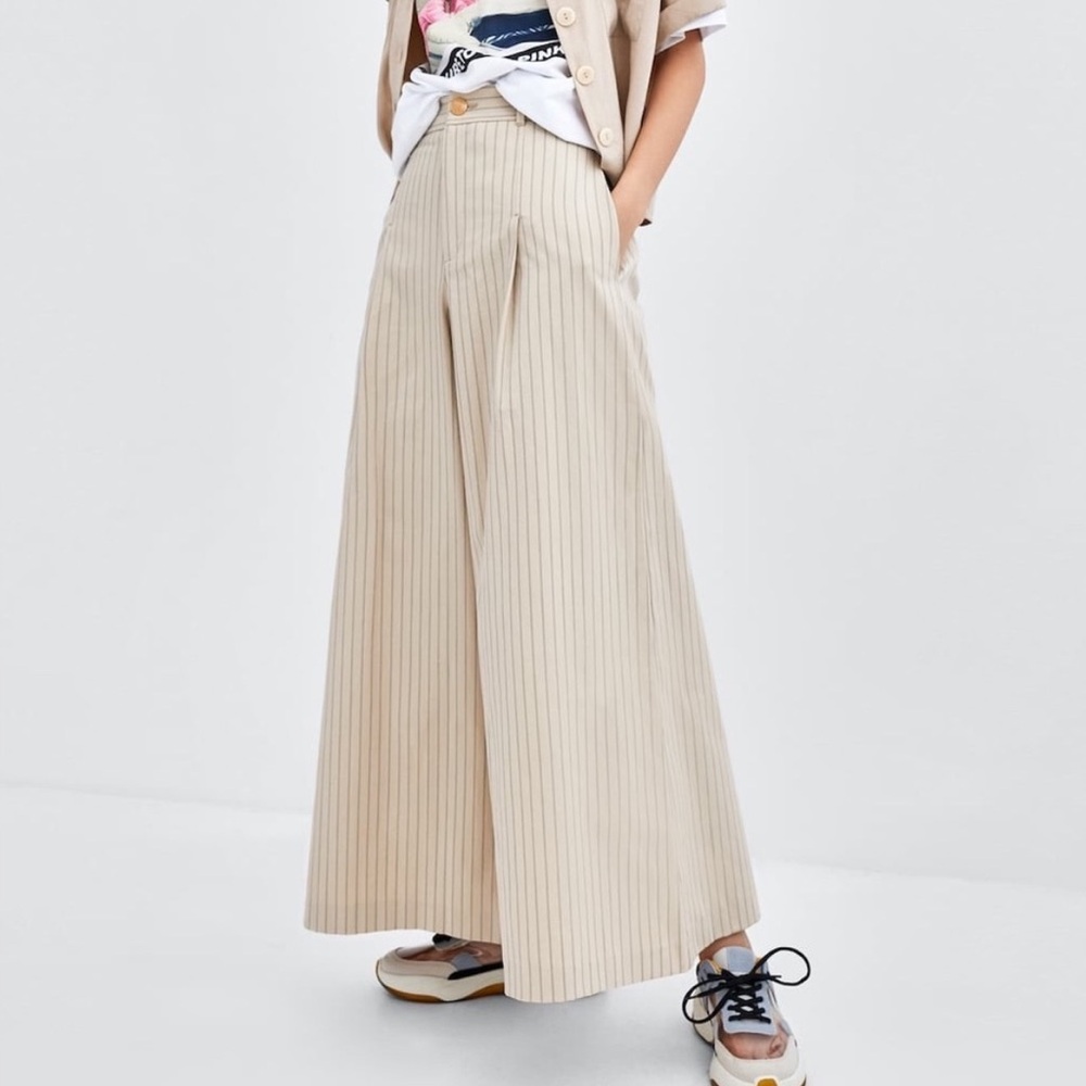 Zara Beige Striped Wide Leg Pants